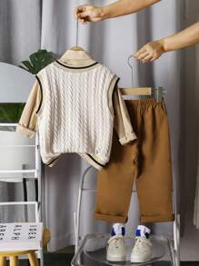 Casual Knit V-Neck Vest + Casual Shirt + Woven Pants Academy Style Set For Boys