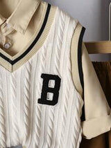 Casual Knit V-Neck Vest + Casual Shirt + Woven Pants Academy Style Set For Boys