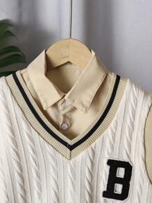 Casual Knit V-Neck Vest + Casual Shirt + Woven Pants Academy Style Set For Boys