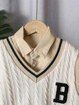 Casual Knit V-Neck Vest + Casual Shirt + Woven Pants Academy Style Set For Boys
