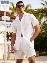 VDAYZ Men's Solid Color Short Sleeve Shirt And Shorts Casual Beach Set