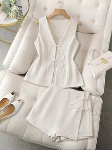 Calvaya 2pcs Women Solid Color Sleeveless Tank Top & Mini Skirt Set