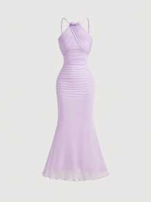 Women's Lilac Color Halter Neck Fish Tail Hem Long Dress,Prom Dress,Fall Dresses