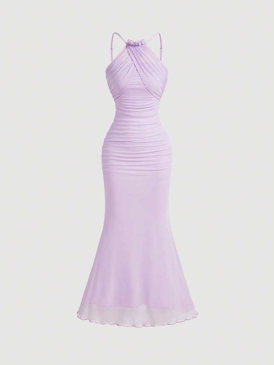 Women's Lilac Color Halter Neck Fish Tail Hem Long Dress,Prom Dress,Fall Dresses