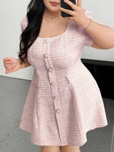 Vibekara Plus Size Square Neck Short Sleeve Button Elegant Plaid Dress For Women, Suitable For Vacation, Dates, Parties