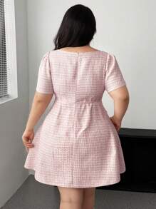 easyown Plus Size Square Neck Short Sleeve Button Elegant Plaid Dress For Women, Suitable For Vacation, Dates, Parties