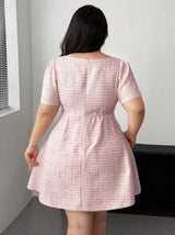 easyown Plus Size Square Neck Short Sleeve Button Elegant Plaid Dress For Women, Suitable For Vacation, Dates, Parties