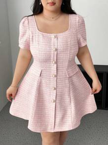 easyown Plus Size Square Neck Short Sleeve Button Elegant Plaid Dress For Women, Suitable For Vacation, Dates, Parties