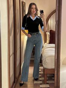 Pariaura Collage Style Polo Collar Splice Short Sleeve T-Shirt For Women, Slim Fit Pullover Top, Spring/Summer