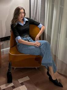 Pariaura Collage Style Polo Collar Splice Short Sleeve T-Shirt For Women, Slim Fit Pullover Top, Spring/Summer