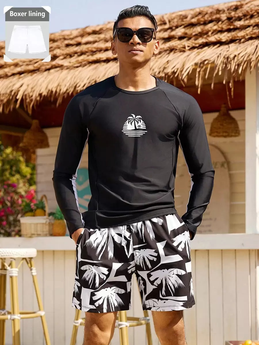 Manfinity Swimmode 2pcs Men's Vacation Beach Coconut Tree Print Long Sleeve Shorts Swimsuit Set