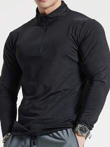 EASYOWN Dauomo Men Spring And Summer Solid Color Zipper Half Placket Stand Collar Long Sleeve Casual T-Shirt