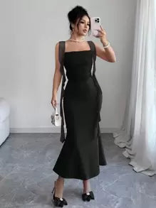 Elenzga 25 Romantic Elegant Jellyfish Bow Bodycon Mesh Splice Fishtail Dress, Flattering Slim Fit, Spring/Summer