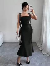 Elenzga 25 Romantic Elegant Jellyfish Bow Bodycon Mesh Splice Fishtail Dress, Flattering Slim Fit, Spring/Summer