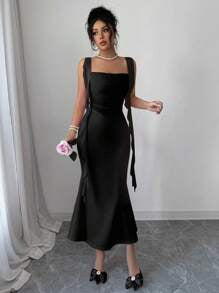 Elenzga 25 Romantic Elegant Jellyfish Bow Bodycon Mesh Splice Fishtail Dress, Flattering Slim Fit, Spring/Summer