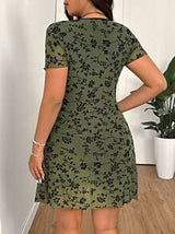 eZwear Plus Size Green Embroidery A-Line V-Neck Dress, Spring/Summer