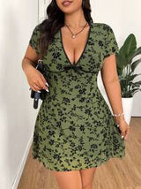 eZwear Plus Size Green Embroidery A-Line V-Neck Dress, Spring/Summer