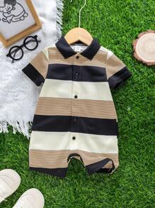 Newborn Baby Boy Cute Striped Knit Short Sleeve Romper, Suitable For Birthday Party, Evening Party, Performance, Wedding, One Month Celebration, Christening And 1st Birthday Baby Shower, Summer