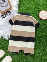 Newborn Baby Boy Cute Striped Knit Short Sleeve Romper, Suitable For Birthday Party, Evening Party, Performance, Wedding, One Month Celebration, Christening And 1st Birthday Baby Shower, Summer