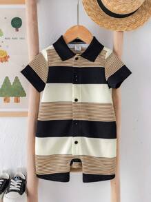 Newborn Baby Boy Cute Striped Knit Short Sleeve Romper, Suitable For Birthday Party, Evening Party, Performance, Wedding, One Month Celebration, Christening And 1st Birthday Baby Shower, Summer