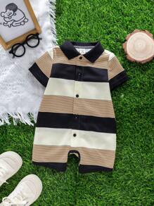 Newborn Baby Boy Cute Striped Knit Short Sleeve Romper, Suitable For Birthday Party, Evening Party, Performance, Wedding, One Month Celebration, Christening And 1st Birthday Baby Shower, Summer