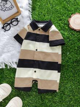 Newborn Baby Boy Cute Striped Knit Short Sleeve Romper, Suitable For Birthday Party, Evening Party, Performance, Wedding, One Month Celebration, Christening And 1st Birthday Baby Shower, Summer