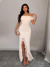 Elenzga Women's Spring/Summer Elegant Off Shoulder Mesh Pleated Ruffle Trim Slit Dress, Suitable For Casual Daily Life, Party, Luxury Ladies Evening Gown
