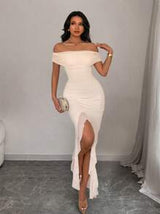 Elenzga Women's Spring/Summer Elegant Off Shoulder Mesh Pleated Ruffle Trim Slit Dress, Suitable For Casual Daily Life, Party, Luxury Ladies Evening Gown