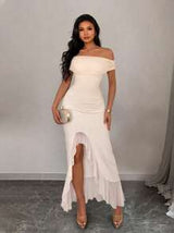 Elenzga Women's Spring/Summer Elegant Off Shoulder Mesh Pleated Ruffle Trim Slit Dress, Suitable For Casual Daily Life, Party, Luxury Ladies Evening Gown