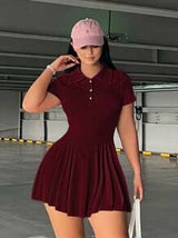 POPSWAY Plus Size Solid Color Casual Collared Short Sleeve Dress