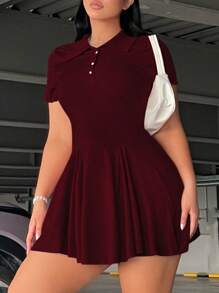 POPSWAY Plus Size Solid Color Casual Collared Short Sleeve Dress