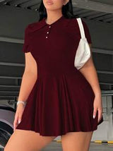 POPSWAY Plus Size Solid Color Casual Collared Short Sleeve Dress