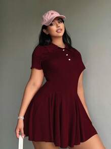POPSWAY Plus Size Solid Color Casual Collared Short Sleeve Dress