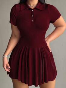 POPSWAY Plus Size Solid Color Casual Collared Short Sleeve Dress