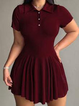 POPSWAY Plus Size Solid Color Casual Collared Short Sleeve Dress