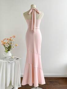 Elamini Women's Elegant Ruffle Mermaid Hem Halter Neck Dress, Pink