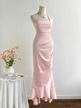 Elamini Women's Elegant Ruffle Mermaid Hem Halter Neck Dress, Pink