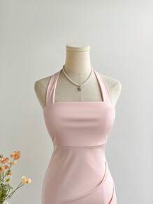 Elamini Women's Elegant Ruffle Mermaid Hem Halter Neck Dress, Pink