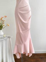 Elamini Women's Elegant Ruffle Mermaid Hem Halter Neck Dress, Pink