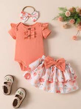 Souflis Souflis 3pcs Baby Girl Sweet Cute Cap Sleeve Flounce Romper, Floral Print Bowknot Jumpsuit & Skirt Set, Bow Headband, Summer