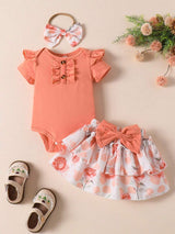 Souflis Souflis 3pcs Baby Girl Sweet Cute Cap Sleeve Flounce Romper, Floral Print Bowknot Jumpsuit & Skirt Set, Bow Headband, Summer
