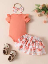 Souflis Souflis 3pcs Baby Girl Sweet Cute Cap Sleeve Flounce Romper, Floral Print Bowknot Jumpsuit & Skirt Set, Bow Headband, Summer