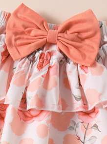 Souflis Souflis 3pcs Baby Girl Sweet Cute Cap Sleeve Flounce Romper, Floral Print Bowknot Jumpsuit & Skirt Set, Bow Headband, Summer