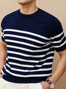 Striped Crew Neck Knit T-Shirt, Minimalist Fashion Casual For Daily Wear