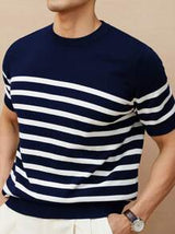 Striped Crew Neck Knit T-Shirt, Minimalist Fashion Casual For Daily Wear