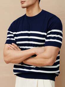 Striped Crew Neck Knit T-Shirt, Minimalist Fashion Casual For Daily Wear