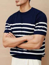 Striped Crew Neck Knit T-Shirt, Minimalist Fashion Casual For Daily Wear