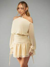 MISSGUIDED MISSGUIDED PLUS Plus Size Off-Shoulder Halterneck Mini Dress With Blouson Sleeves And Ruched Waist Detail Perfect For Wedding Guest Cocktail Party Special Occasion Evening Out