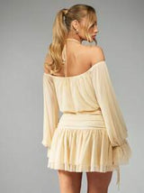 MISSGUIDED MISSGUIDED PLUS Plus Size Off-Shoulder Halterneck Mini Dress With Blouson Sleeves And Ruched Waist Detail Perfect For Wedding Guest Cocktail Party Special Occasion Evening Out