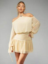 MISSGUIDED MISSGUIDED PLUS Plus Size Off-Shoulder Halterneck Mini Dress With Blouson Sleeves And Ruched Waist Detail Perfect For Wedding Guest Cocktail Party Special Occasion Evening Out